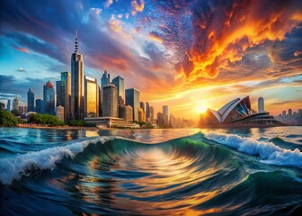 Obraz premium Surreal Sydney Harbor: Dreamlike Ocean Port at Dawn