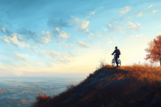 . A man pausing on a hilltop with his bike to take in the view, holding a camera to capture the moment of tranquility in nature.
