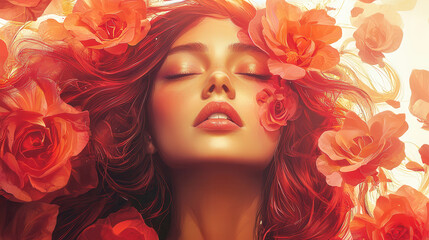 Fototapeta premium captivating image of woman with vibrant rose hair, surrounded by blooming flowers, exuding serene and enchanting aura