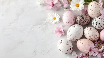 Fototapeta premium Pastel Easter eggs nestled amongst delicate blossoms. Springtime elegance!