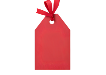  Red gift tag with ribbon and bow isolated on a transparent background, a red rectangular sticker for a New Year sale banner template. Flat lay. Isolated on a transparent background. Mockup. PNG file 