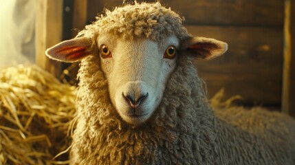 Fototapeta premium A close-up of a sheep with fluffy wool and expressive eyes in a rustic setting.