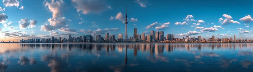 Obraz premium A city skyline with a river running through it