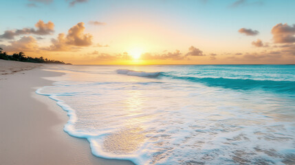 Obraz premium The sun rising over the ocean, with waves gently lapping at the shore