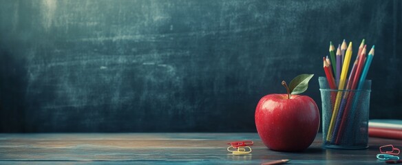 A red apple sits on a desk next to a pencil case and a cup