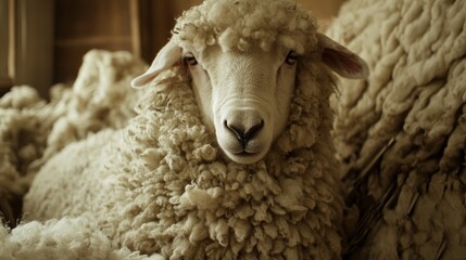 A close-up of a sheep surrounded by wool, showcasing its texture and features.