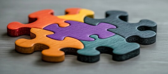 A puzzle piece with a colorful border is on a table