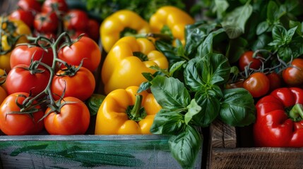 Fresh Red and Yellow Tomatoes with Green Basil Leaves in Wooden Baskets for Healthy Cooking and Fresh Market Ingredients