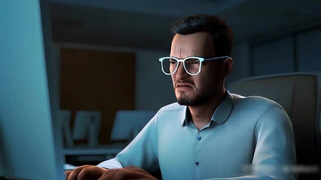 Business, night and man with headache, laptop and glasses with fatigue, tired and exhausted. Evening, depression and employee with migraine, computer and eyewear with tension, frustrated and burnout