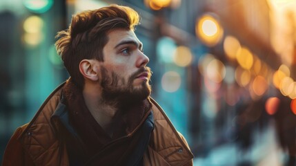 Fototapeta premium Thoughtful Young Man Gazing Into the Distance with Urban Background During Golden Hour, Highlighting Warm Tones and City Lights