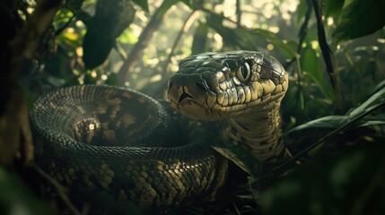A close-up of a snake coiled among dense foliage in a misty environment.