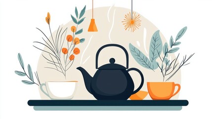 Cozy Teatime Arrangement with Teapot and Cups on Minimalist Wooden Tray