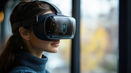 person wearing augmented reality (AR) glasses with visible digital