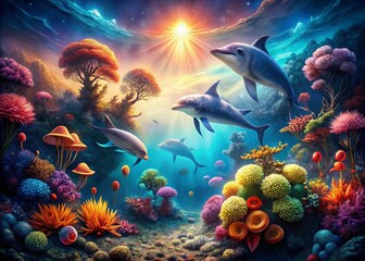 Obraz premium Surreal Underwater Scene: Mystical Sea Creatures in Vibrant Coral Reef