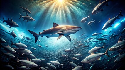 Surreal Underwater Swarm: Sharks and Bioluminescent Fish