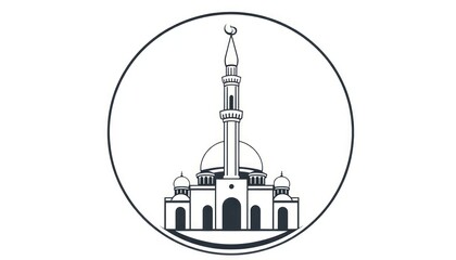 Fototapeta premium Monochrome mosque icon with a detailed minaret and ornamental circular frame.
