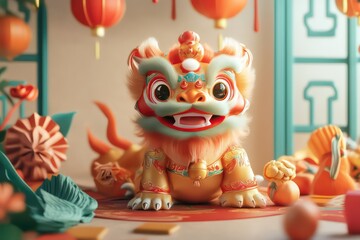 . A smiling Chinese traditional lion sitting amidst festival decorations, embodying joy and the spirit of celebration.