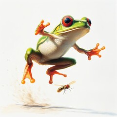 Fototapeta premium Colorful Frog Jumping with a Bee in the Air on a White Background