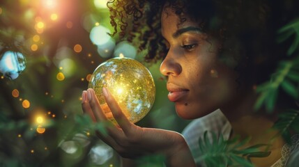 Naklejka premium Enchanting Woman Holding a Glowing Sphere Amidst Lush Greenery and Sparkling Lights, Symbolizing Magic and Nature's Connection in a Dreamy Atmosphere