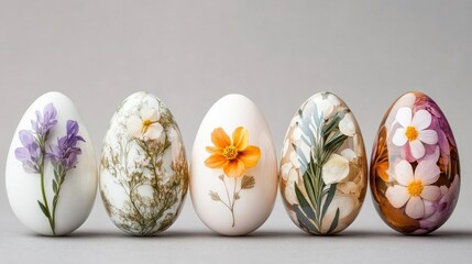 Elegant floral Easter eggs, delicately designed with pressed flowers; a springtime delight!