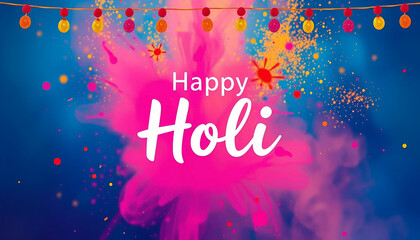 Holi Festival Vibrant colour powders cover an empty scene, capturing the essence of Holi celebration, with soft focus and blurred colours, evoking joy and festive atmosphere.