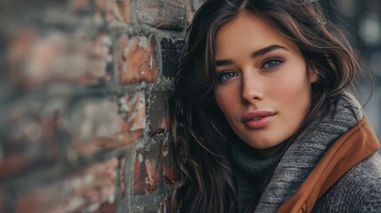 Fototapeta premium Captivating Close-Up of a Young Woman with Long Hair Posed Against a Textured Brick Wall in Warm Tones Emphasizing Natural Beauty and Casual Style