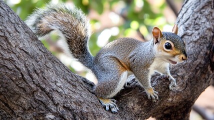 Fototapeta premium A close-up of a squirrel perched on a tree branch, showcasing its features and natural habitat.