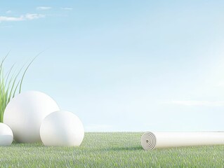 Fitness Serene landscape with white spheres on green grass.