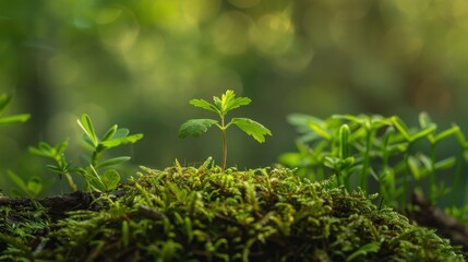 Fresh Green Seedling Growing on Mossy Forest Floor Surrounded by Foliage in Soft Natural Light, Symbolizing Growth, Hope, and New Beginnings in Nature