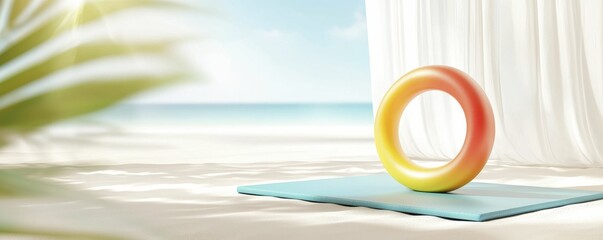 Fitness Beach scene featuring a colorful float and yoga mat.