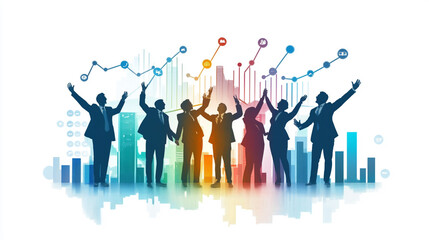 A vibrant illustration showcasing business professionals celebrating success with upward trends and colorful graphs in the background.