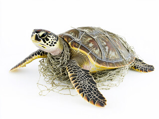 Obraz premium Turtle entangled in fishing net, showcasing impact of pollution on marine life. This highlights urgent need for conservation efforts