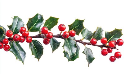 Obraz premium A branch of holly featuring glossy green leaves and bright red berries, often used in holiday decorations.