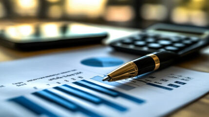 Fototapeta premium Analysis of the financial report with calculator, graph, pen Business and finance concept