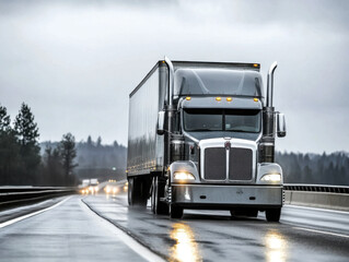 gray semi truck with turned on headlights transporting cargo