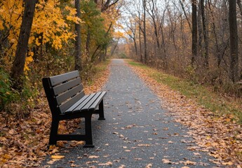 Fototapeta premium Peaceful Autumn Scene with Bench on Leaf-Covered Pathway