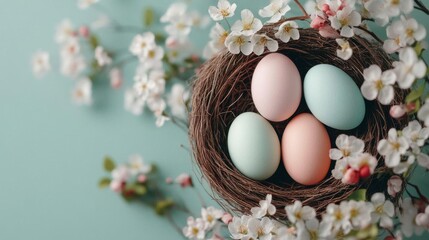 Pastel Easter eggs nestled in a bird's nest, surrounded by delicate spring blossoms.