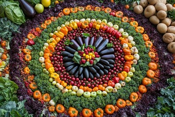 A colorful arrangement of fruits and vegetables in a circle