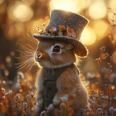 Adorable rabbit wears sparkly top hat, autumnal scene.
