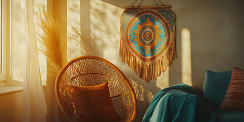 Boho wall hanging with vibrant tribal-inspired designs in orange and teal hues, styled in a contemporary space, golden hour light highlighting the textures