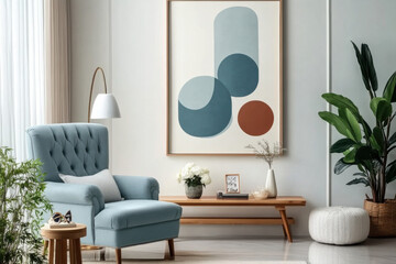 Obraz premium Blue armchair with wooden long coffee table interior design of modern living room