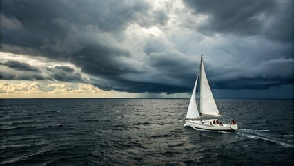 Obraz premium Pristine White Sailboat Floating in Dark Waters