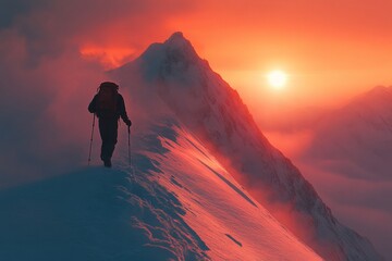 Obraz premium A man in a red jacket is walking up a snowy mountain