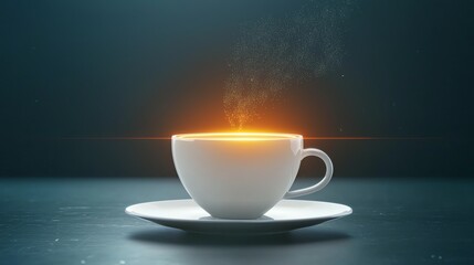 Obraz premium A steaming cup of coffee emits vibrant light against a dark background, creating a warm and inviting atmosphere.