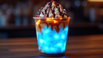 Naklejka premium A glowing iced mocha topped with whipped cream and chocolate drizzle
