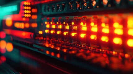 A close-up of illuminated server components showcasing technology in action.