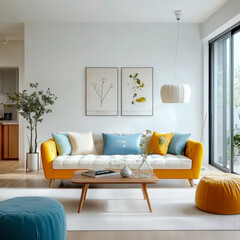 scandinavian and nordic interior design living room with colorful multicolored furniture