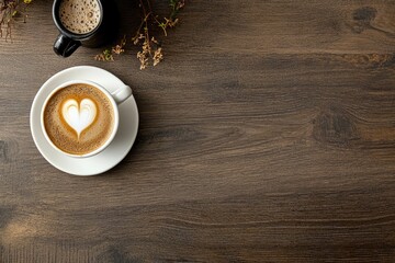 Flat lay of a coffee cup with heart-shaped latte art in a white ceramic mug on a wooden table, top view, with copy space. A cozy Valentine's Day concept on a dark wood surface