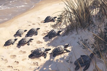 Sea Turtles' Coastal Journey: A Serene Coastal Scene