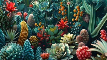 A garden of geometric plants where flora grow in impossible shapes and patterns